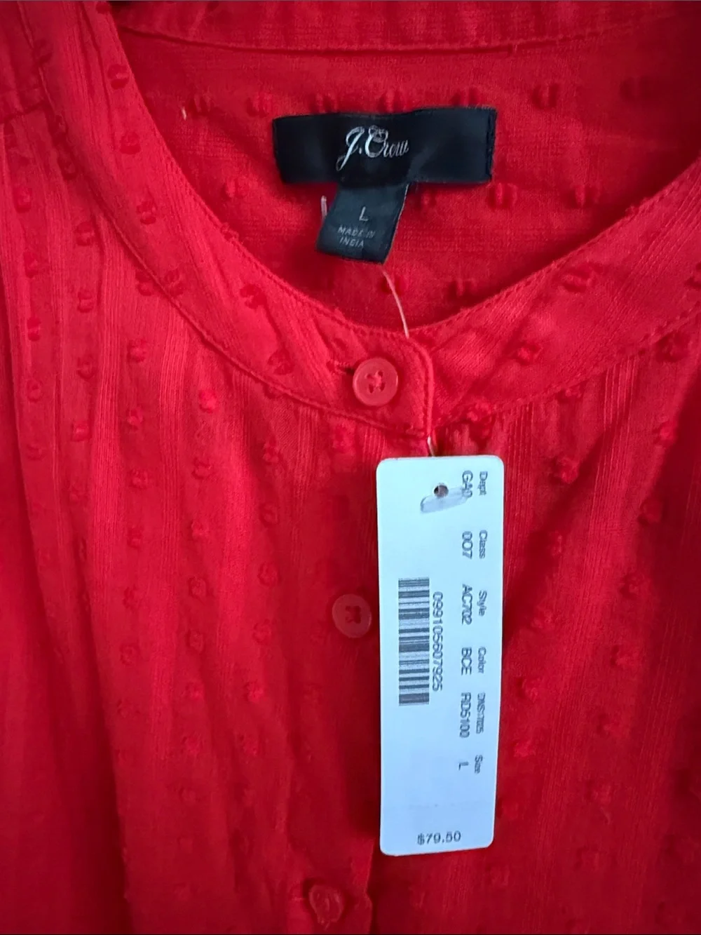 J. Crew 100% Cotton Bright Red Button-Front Dress Shirt